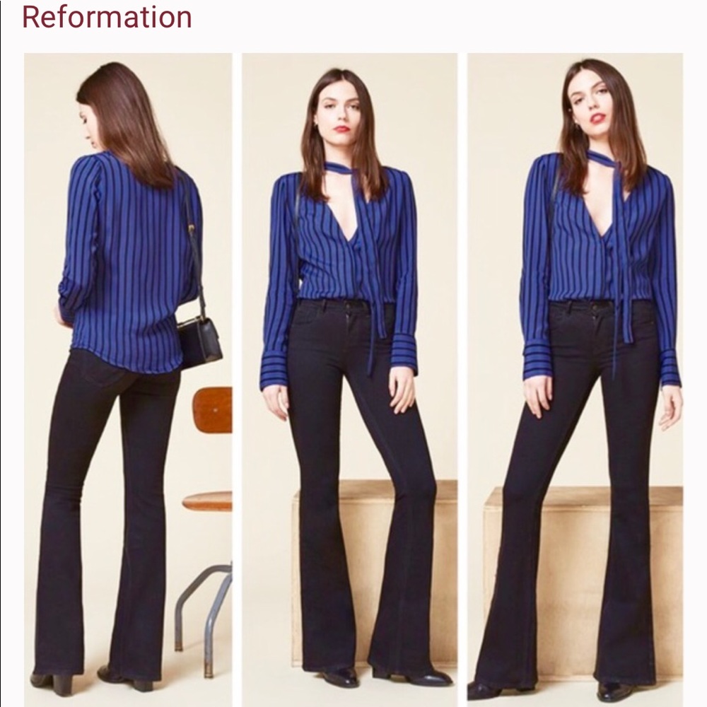Reformation Navy Striped V-Neck Blouse
